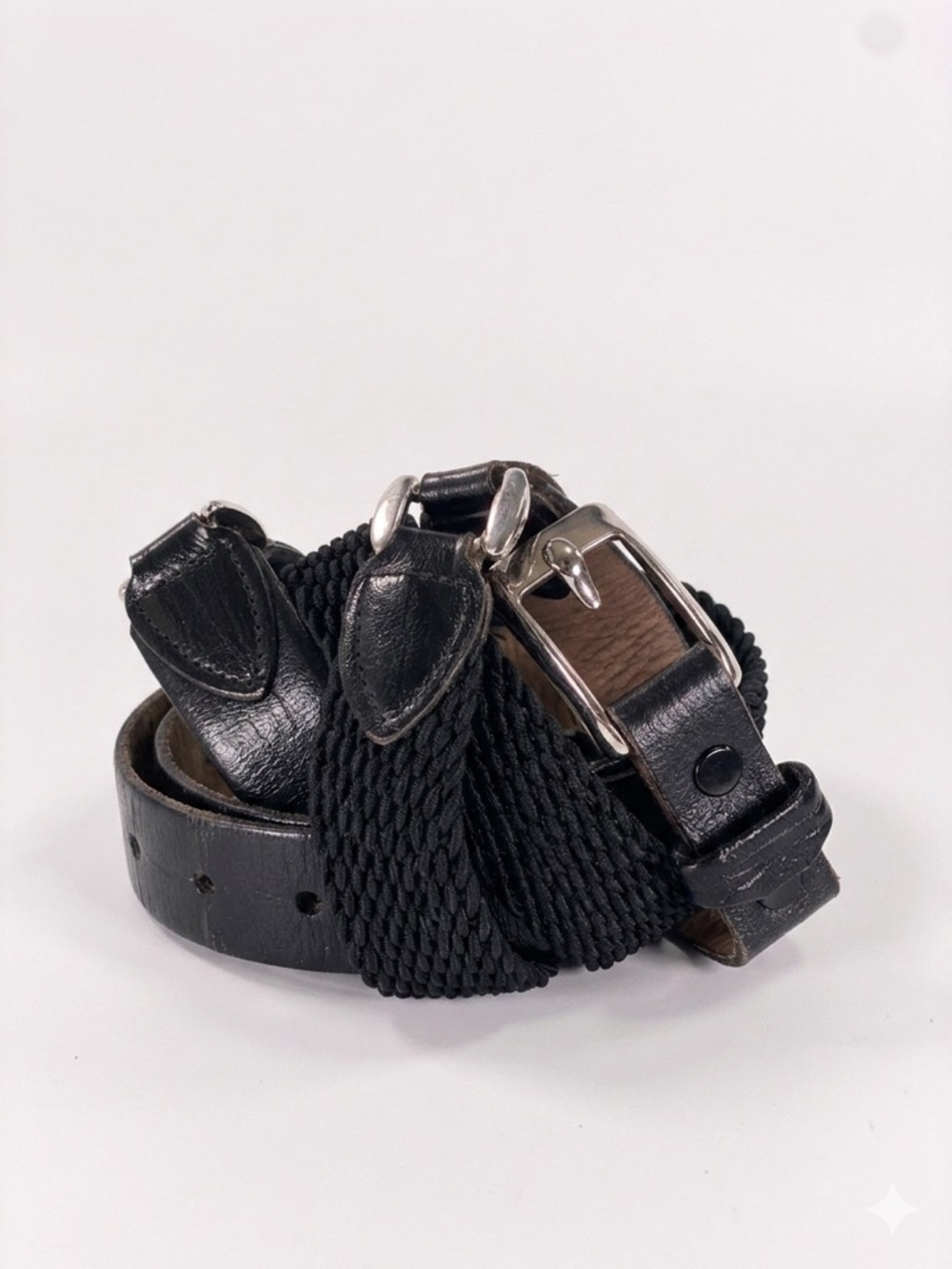 PARIS Vintage Black Woven Elastic Belt Leather Trim Silver Buckle Made in USA 32